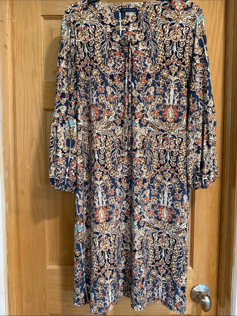 Tommy Hilfiger Navy Floral-Print Long Sleeve Midi Dress with Tie Neck